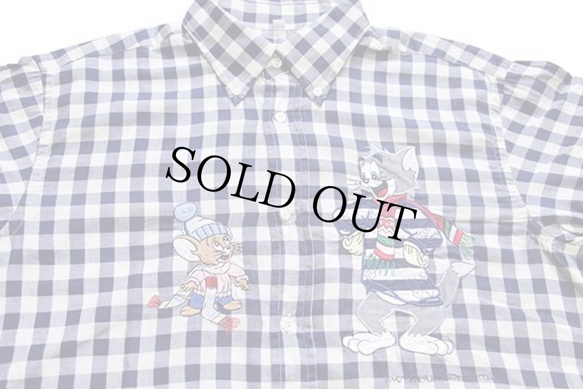 画像3: 90s イタリア製 Blu&King Tom&Jerry トムとジェリー 刺繍 ギンガムチェック ボタンダウン コットンシャツ 青×白 (3)