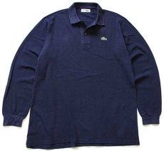 画像1: 70s フランス製 CHEMISE LACOSTE ラコステ ワンポイント コットン 鹿の子 長袖ポロシャツ 紺 3★64 (1)