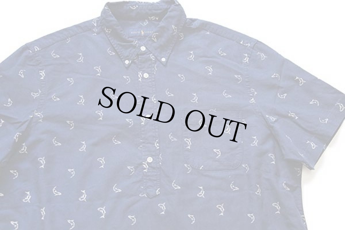 画像3: ラルフローレン 総柄 三点留め ボタンダウン プルオーバー 半袖 オックスフォード コットンシャツ 紺 XL (3)