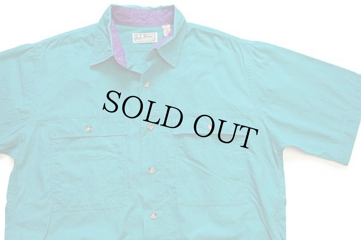 画像3: 80s USA製 L.L.Bean 無地 半袖 コットンポプリンシャツ エメラルドグリーン×紫 M (3)