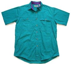 画像1: 80s USA製 L.L.Bean 無地 半袖 コットンポプリンシャツ エメラルドグリーン×紫 M (1)