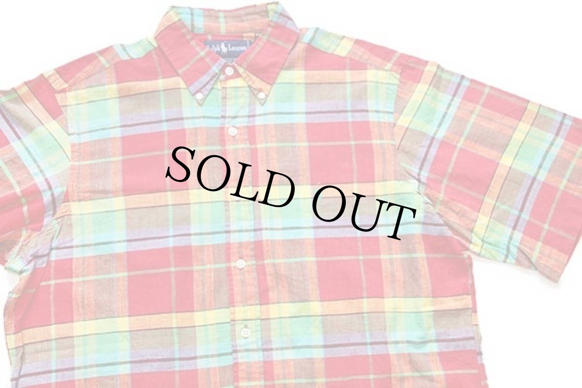 画像3: 90s ラルフローレン マドラスチェック ボタンダウン 半袖 コットンシャツ L (3)