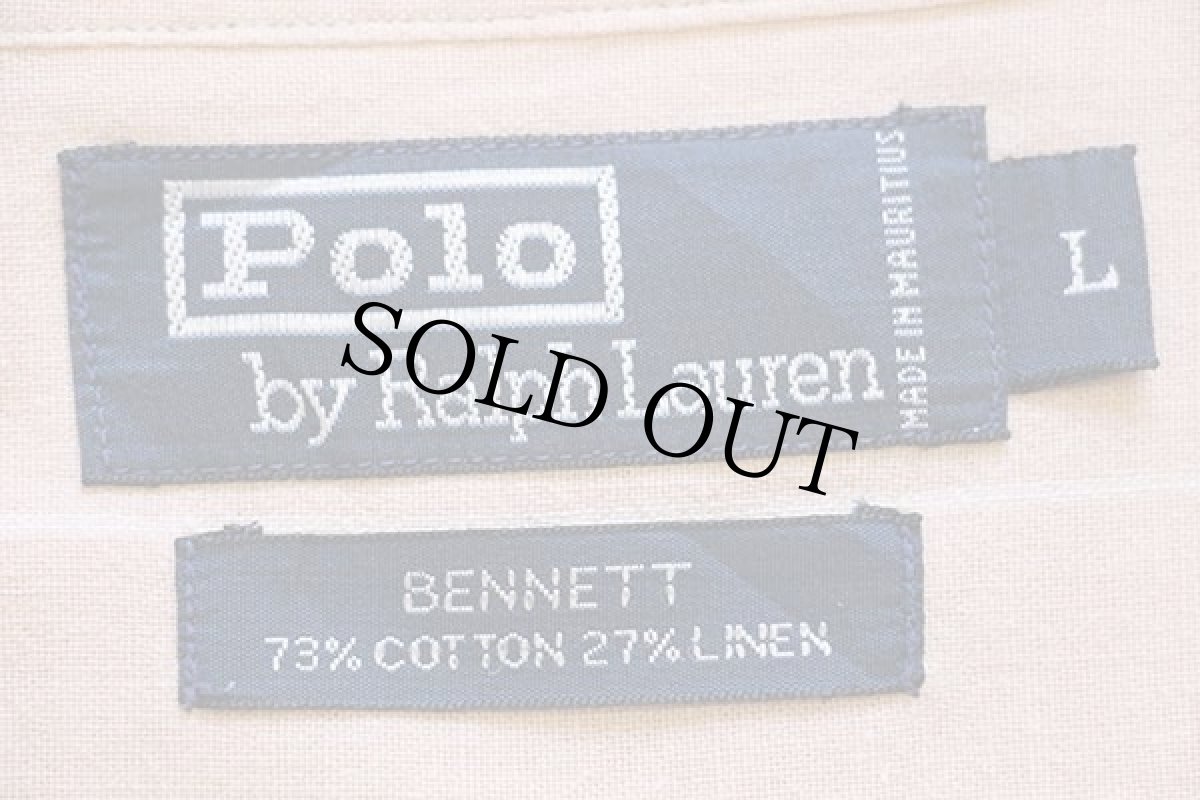 画像4: 90s ポロ ラルフローレン BENNETT ポケット付き ストライプ コットン×リネンシャツ ペールオレンジ (4)