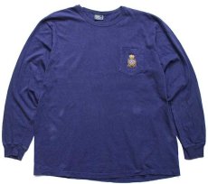 画像1: 90s ポロ ラルフローレン ロゴ刺繍 コットン ポケット付き 長袖Tシャツ ナス紺 L (1)