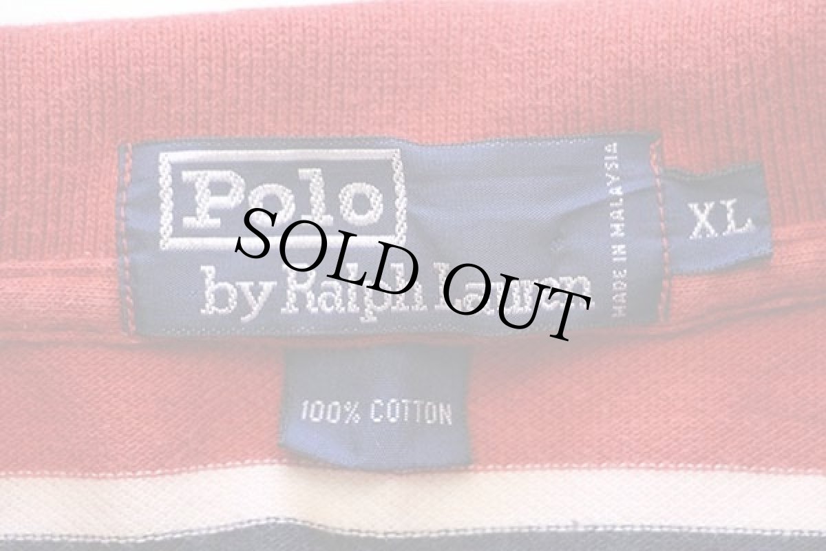 画像4: 90s ポロ ラルフローレン マルチボーダー コットン 鹿の子 長袖ポロシャツ 濃赤×紺×白 XL (4)