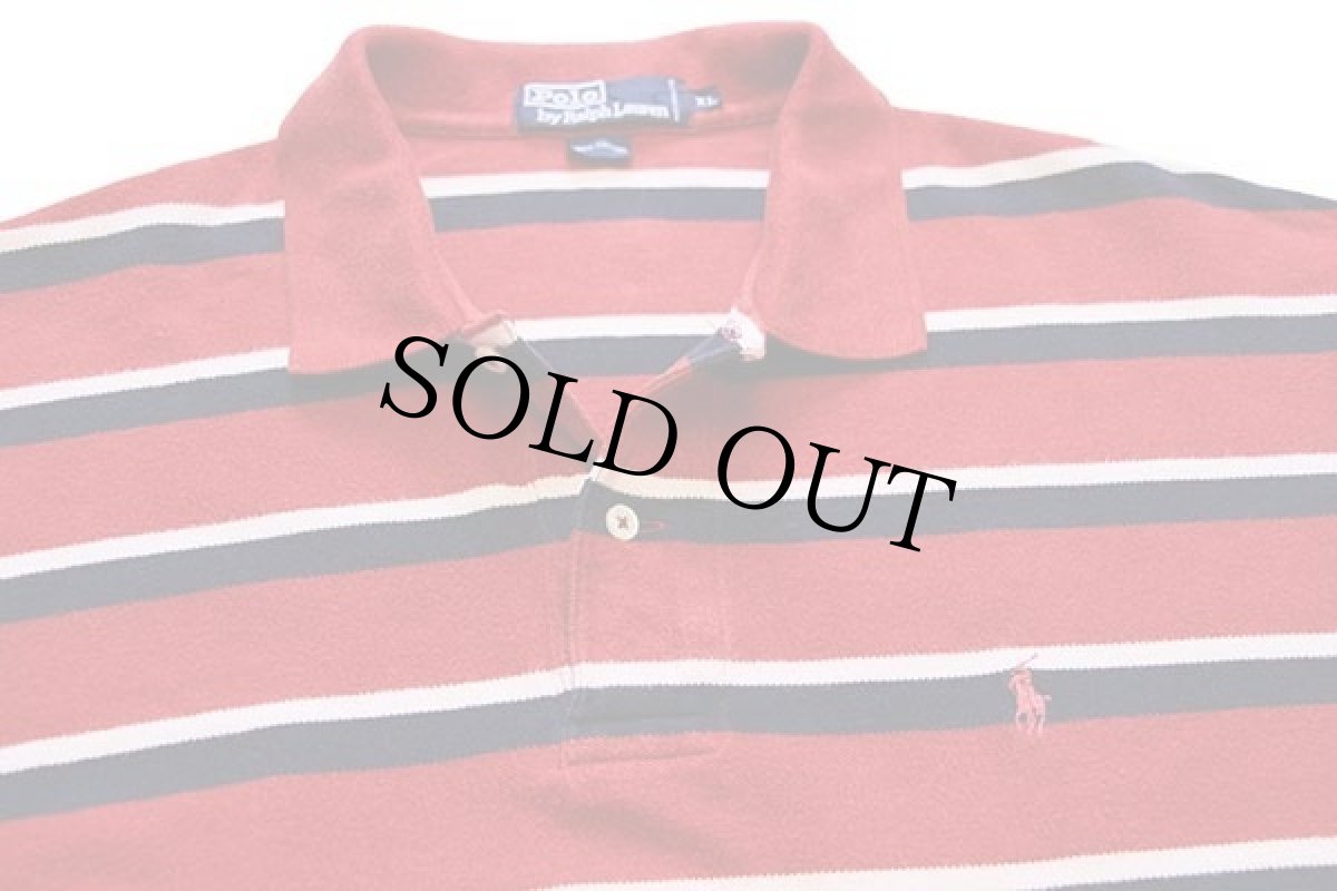 画像3: 90s ポロ ラルフローレン マルチボーダー コットン 鹿の子 長袖ポロシャツ 濃赤×紺×白 XL (3)