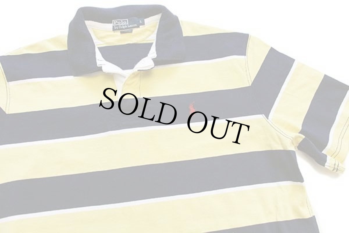 画像3: 00s ポロ ラルフローレン 太ボーダー 半袖 コットン ラガーシャツ 紺×黄×白 L (3)