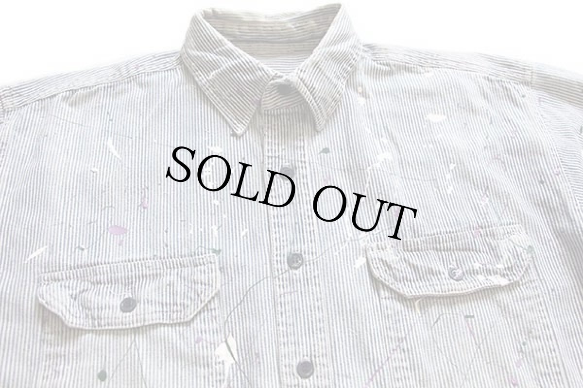 画像3: UNKNOWN ヒッコリー ストライプ コットン ワークシャツ ボロ ペンキ飛び (3)