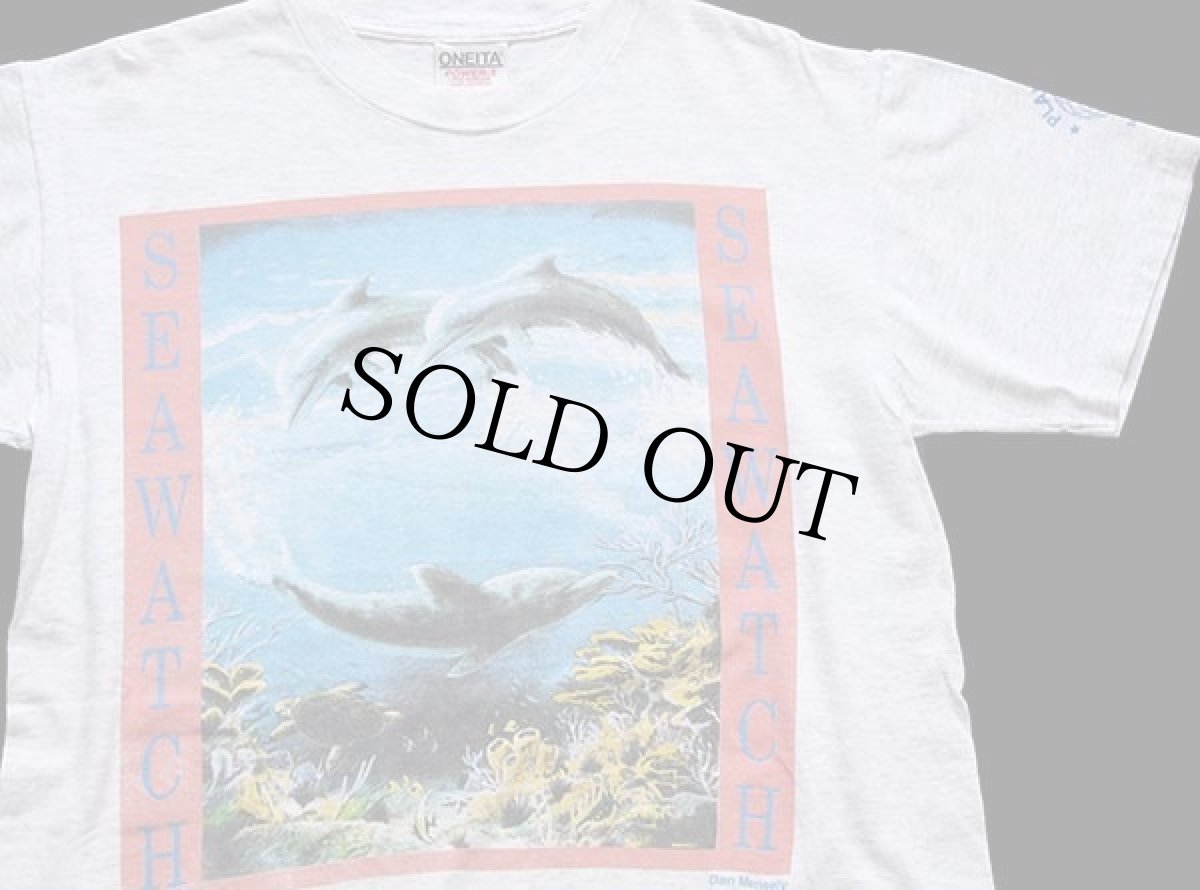 画像1: 90s USA製 SEAWATCH PROTECT OUR SEA LIFE イルカ 両面プリント アート Tシャツ 杢ライトグレー M (1)