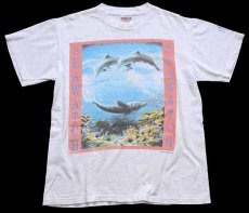 画像2: 90s USA製 SEAWATCH PROTECT OUR SEA LIFE イルカ 両面プリント アート Tシャツ 杢ライトグレー M (2)