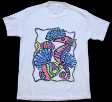 画像2: 80s 熱帯魚 タツノオトシゴ LAPS 蛍光プリント アート Tシャツ 白 L (2)