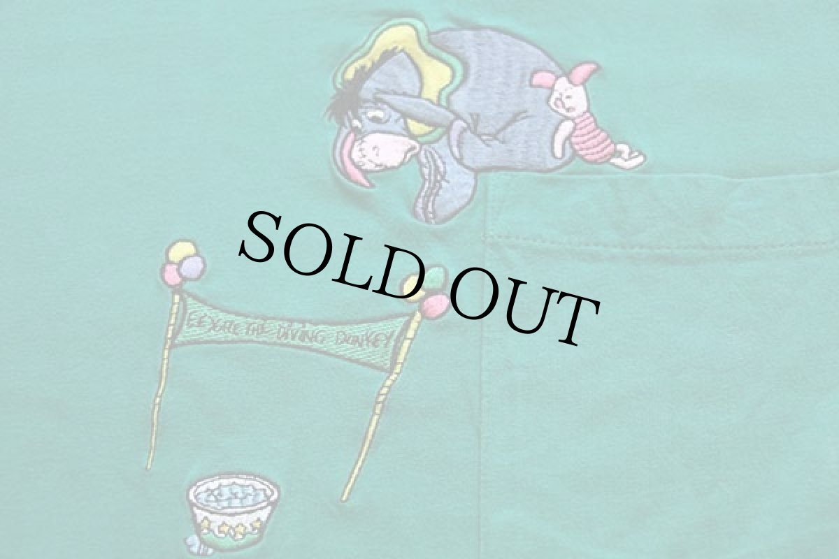 画像5: 90s Disneyディズニー EEYOREイーヨー 刺繍 コットン ポケットTシャツ 緑 L (5)