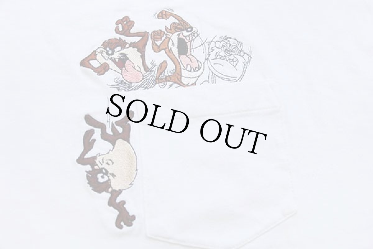 画像5: 90s WARNER BROS LOONEY TUNES タズマニアンデビル 刺繍 コットン ポケットTシャツ 生成り XXL★特大  (5)