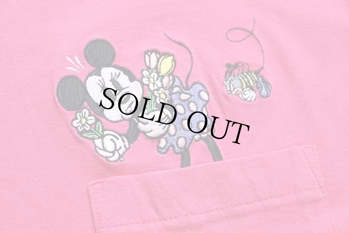 画像5: 90s Disneyディズニー ミニー マウス ハチ 刺繍 コットン ポケットTシャツ ピンク L (5)