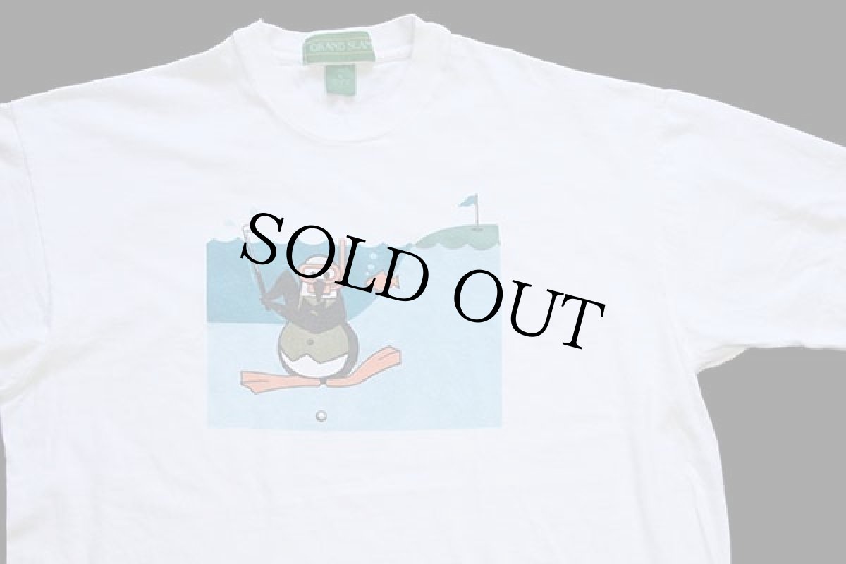 画像1: 90s USA製 GRAND SLAM ペンギン ゴルフ イラスト コットンTシャツ 白 L (1)