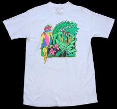 画像2: 90s コンゴウインコ バタフライ 蛍光プリント アート コットンTシャツ 白 (2)