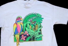 画像1: 90s コンゴウインコ バタフライ 蛍光プリント アート コットンTシャツ 白 (1)