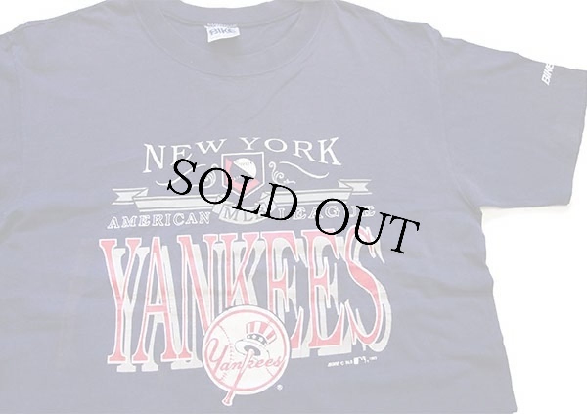 画像1: 90s USA製 MLB NEW YORK YANKEES ニューヨーク ヤンキース コットンTシャツ ナス紺 L (1)