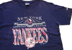 画像1: 90s USA製 MLB NEW YORK YANKEES ニューヨーク ヤンキース コットンTシャツ ナス紺 L (1)