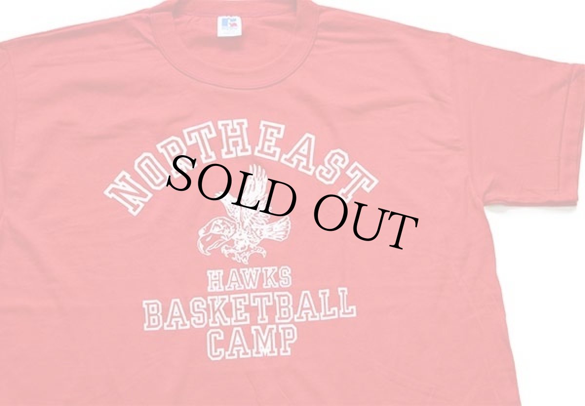 画像1: デッドストック★80s USA製 RUSSELLラッセル NORTHEAST HAWKS BASKETBALL CAMP マスコット Tシャツ 赤 L★A (1)