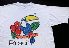 画像1: 90s Brasil オオハシ 染み込みプリント アート コットンTシャツ 白 (1)