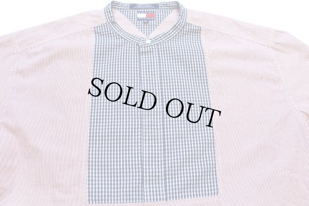 画像4: デッドストック★90s TOMMY HILFIGERトミーヒルフィガー ストライプ チェック切り替え バンドカラー コットンシャツ XXL★特大 (4)