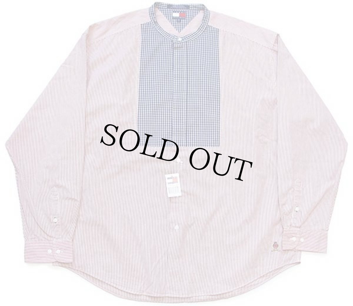 画像2: デッドストック★90s TOMMY HILFIGERトミーヒルフィガー ストライプ チェック切り替え バンドカラー コットンシャツ XXL★特大 (2)