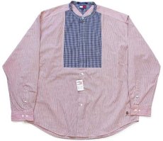 画像2: デッドストック★90s TOMMY HILFIGERトミーヒルフィガー ストライプ チェック切り替え バンドカラー コットンシャツ XXL★特大 (2)