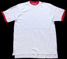 画像2: デッドストック★90s USA製 NUTMEG 無地 レイヤードネック&スリーブ コットンTシャツ 白×濃赤 XL (2)