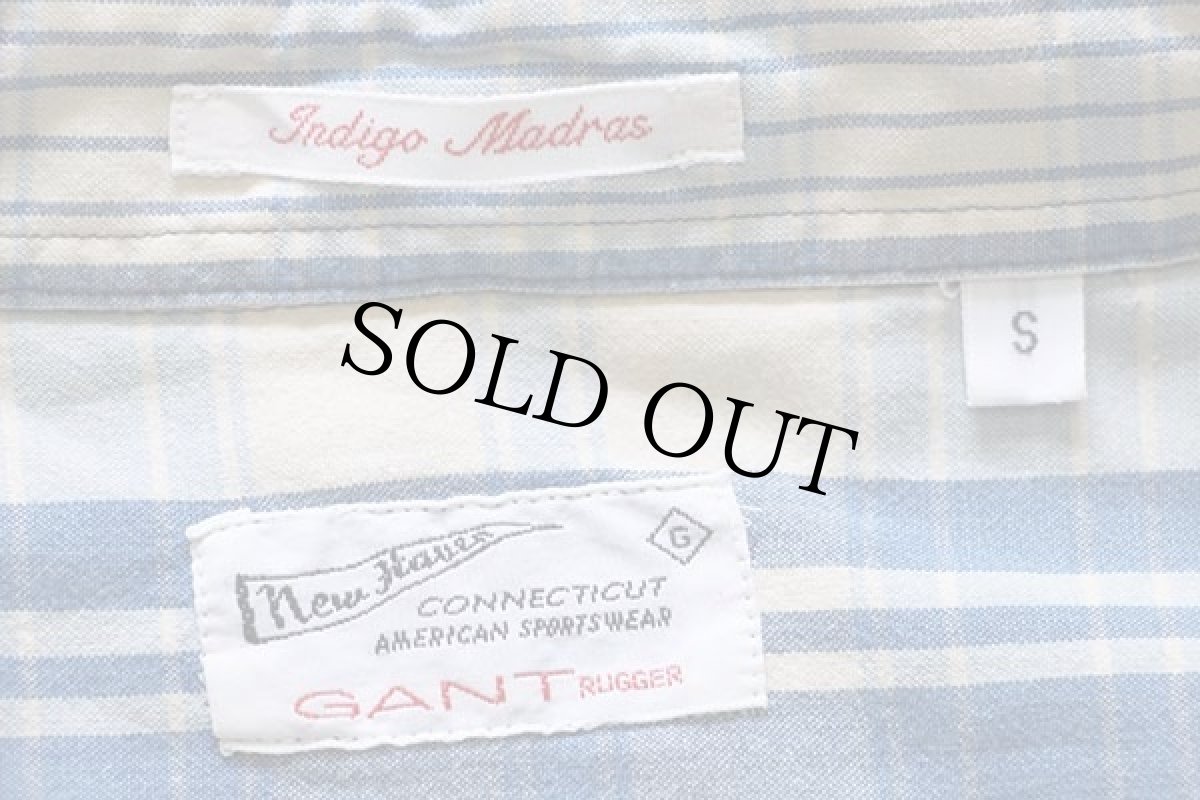 画像4: 70s GANT インディゴ マドラスチェック 三点留め ボタンダウン コットンシャツ S (4)