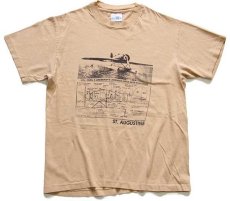 画像2: 90s USA製 Hanes A LINDBERGH'S LOCKHEED-SIRUS WITH PONTOONS 水上機 染み込みプリント コットンTシャツ 薄茶 M (2)