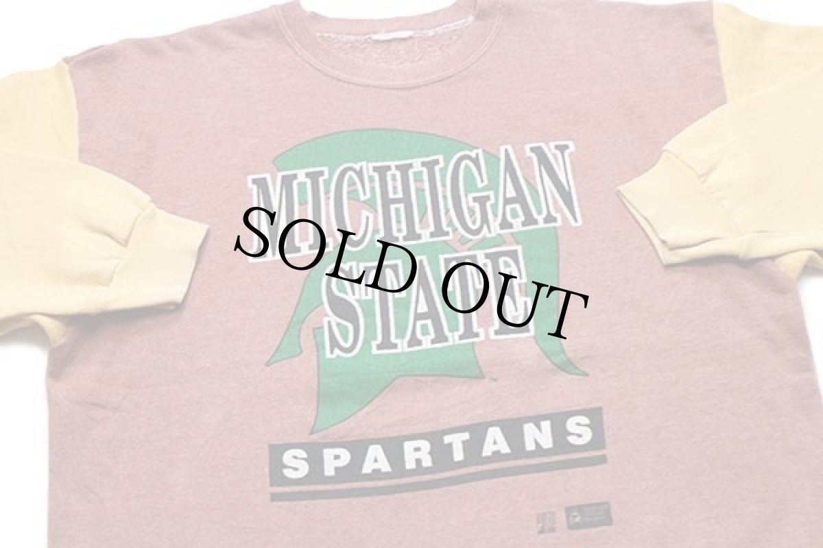 画像3: 90s MICHIGAN STATE SPARTANS ひび割れプリント ツートン 切り替え スウェット 赤茶×マスタード (3)
