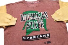 画像3: 90s MICHIGAN STATE SPARTANS ひび割れプリント ツートン 切り替え スウェット 赤茶×マスタード (3)