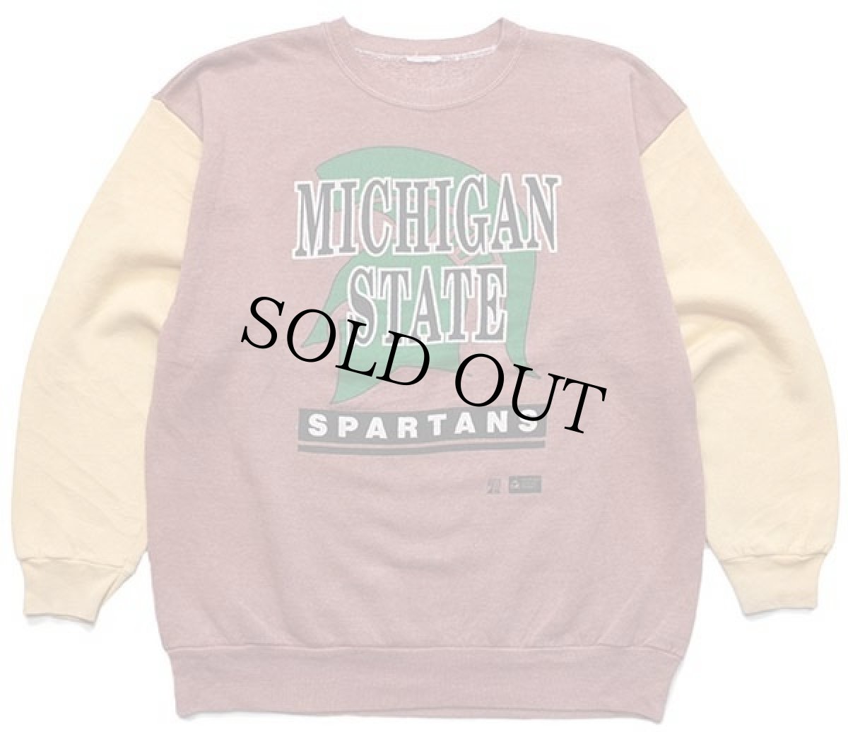 画像1: 90s MICHIGAN STATE SPARTANS ひび割れプリント ツートン 切り替え スウェット 赤茶×マスタード (1)