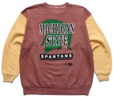 画像1: 90s MICHIGAN STATE SPARTANS ひび割れプリント ツートン 切り替え スウェット 赤茶×マスタード (1)