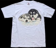 画像2: 90s USA製 HABITAT アラスカン マラミュート ドッグ アート コットンTシャツ 杢ライトグレー L (2)