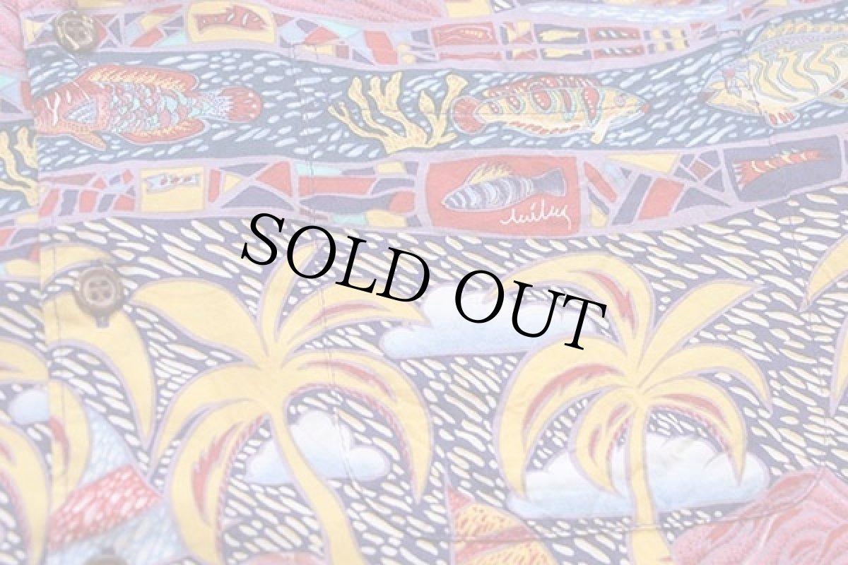 画像5: 90s ハワイ製 miley COLLECTION by REYN SPOONER レインスプーナー ヤシの木 フィッシュ 総柄 アート レーヨン アロハシャツ L (5)