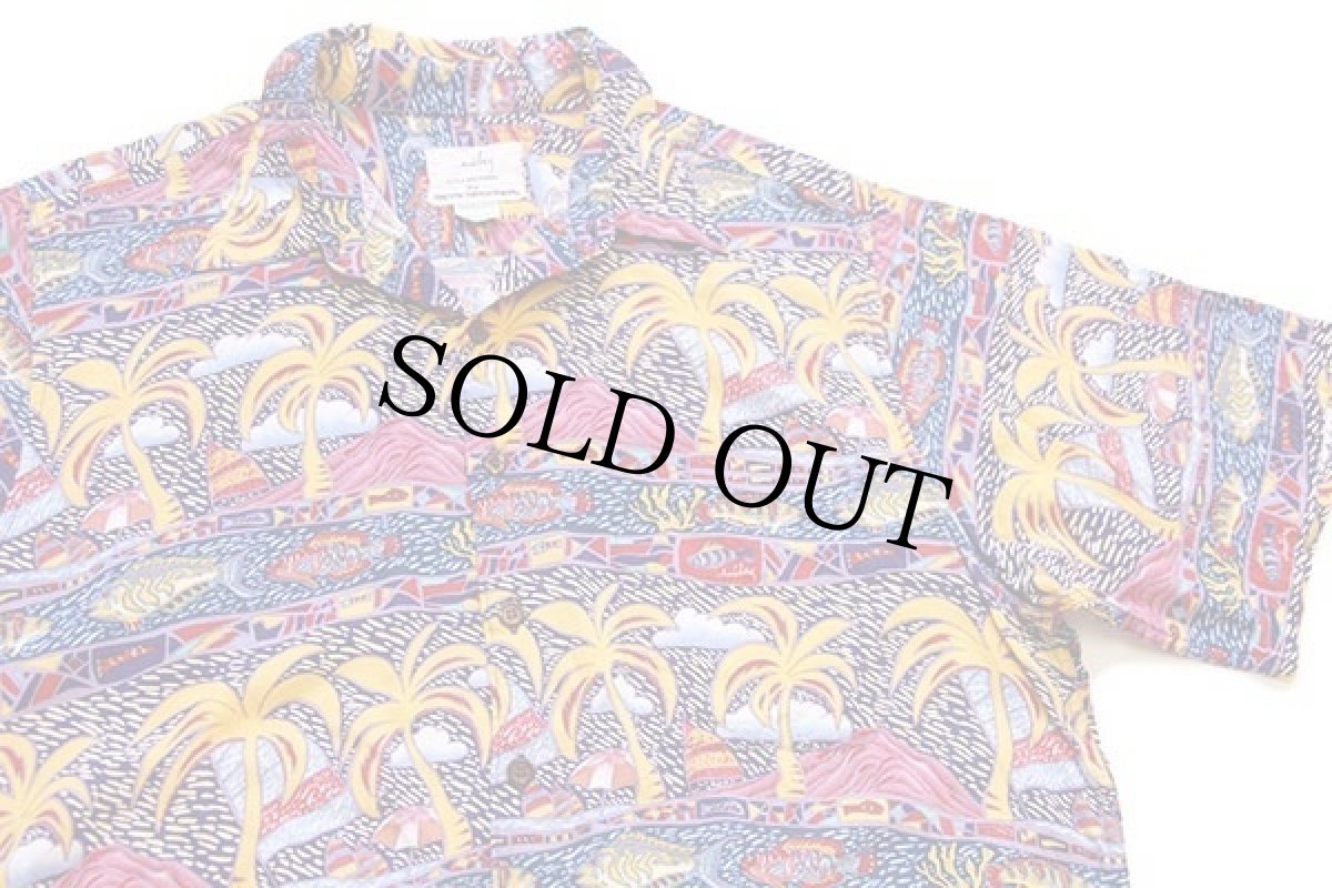 画像3: 90s ハワイ製 miley COLLECTION by REYN SPOONER レインスプーナー ヤシの木 フィッシュ 総柄 アート レーヨン アロハシャツ L (3)