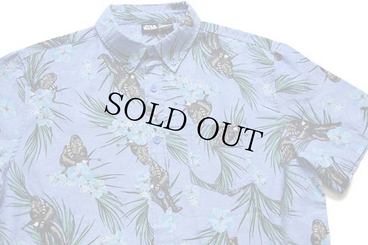 画像3: STAR WARSスターウォーズ チューバッカ×ハイビスカス 総柄 ボタンダウン 半袖 シャツ L (3)