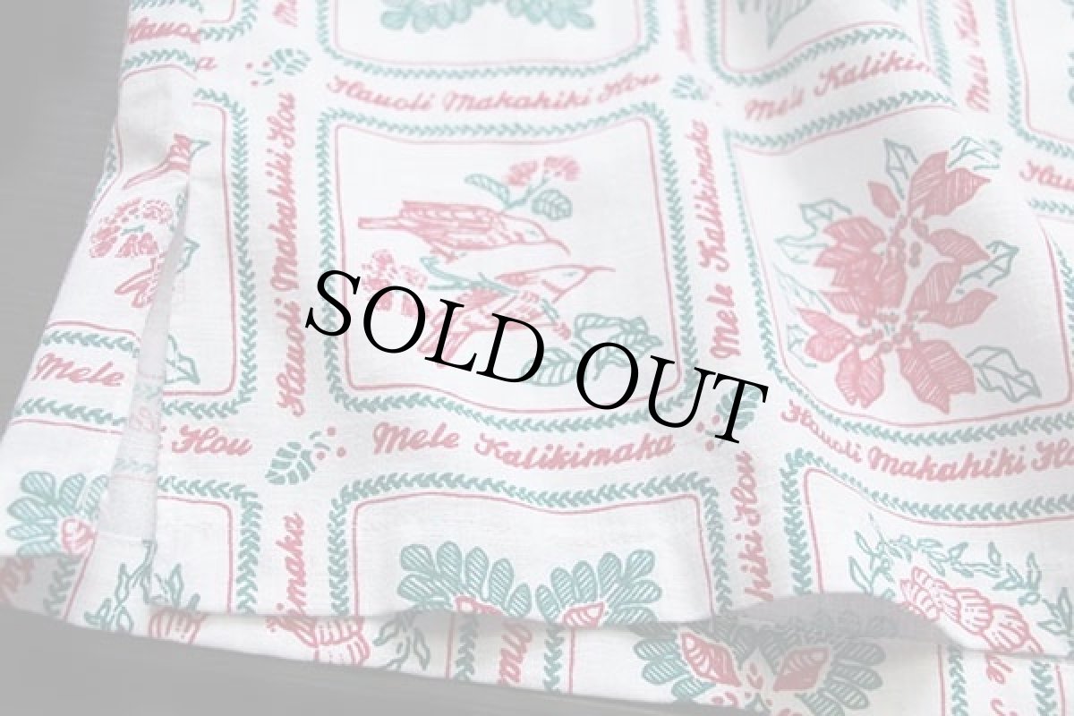 画像7: USA製 Cooke Street Mele Kalikimaka Hauoli Makahiki Hou クリスマス 総柄 染み込みプリント アロハシャツ 白 L (7)