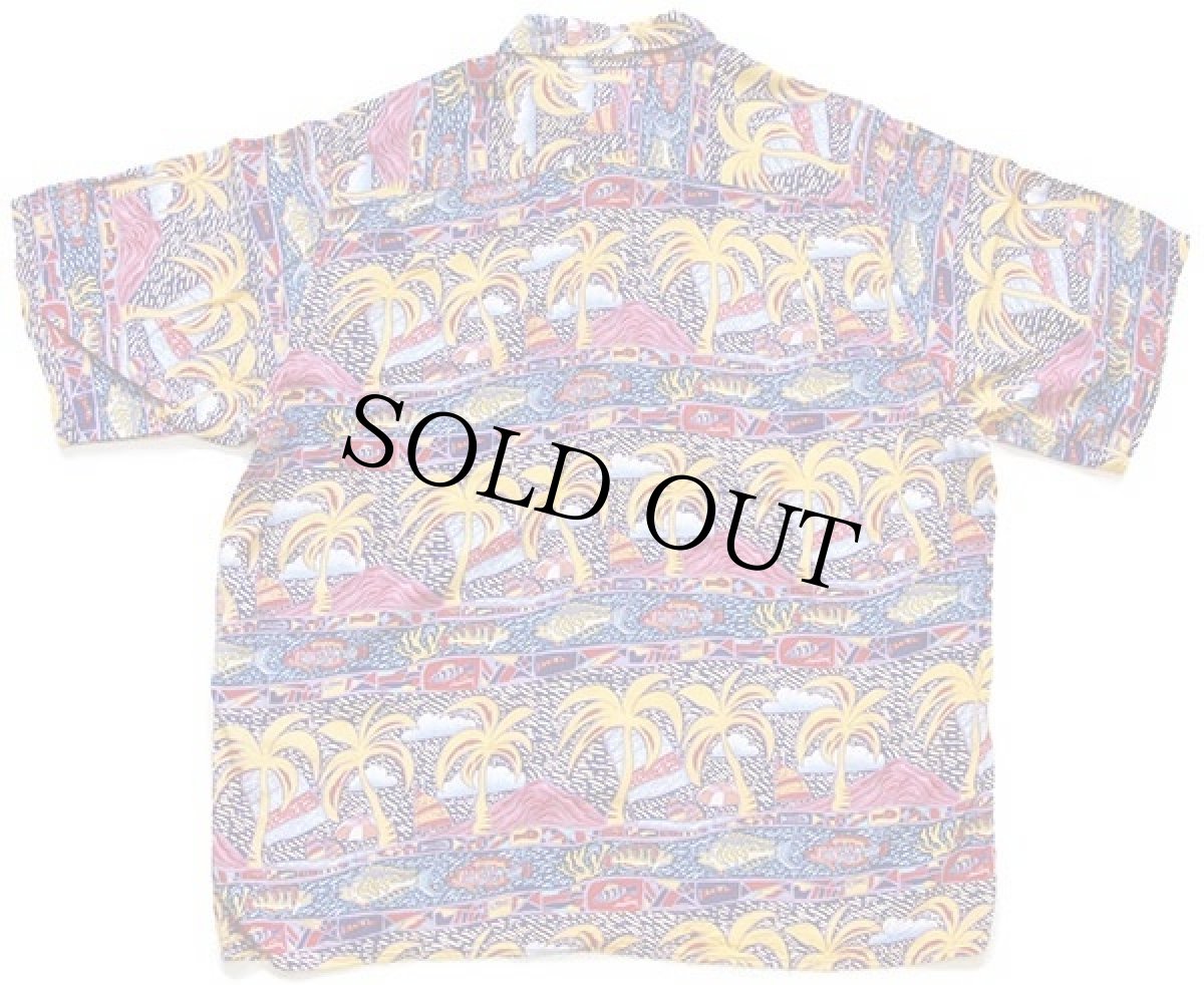 画像2: 90s ハワイ製 miley COLLECTION by REYN SPOONER レインスプーナー ヤシの木 フィッシュ 総柄 アート レーヨン アロハシャツ L (2)