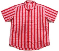 画像1: 90s イタリア製 BELFE ストライプ 半袖 コットン オープンカラーシャツ 薄赤×赤 L (1)