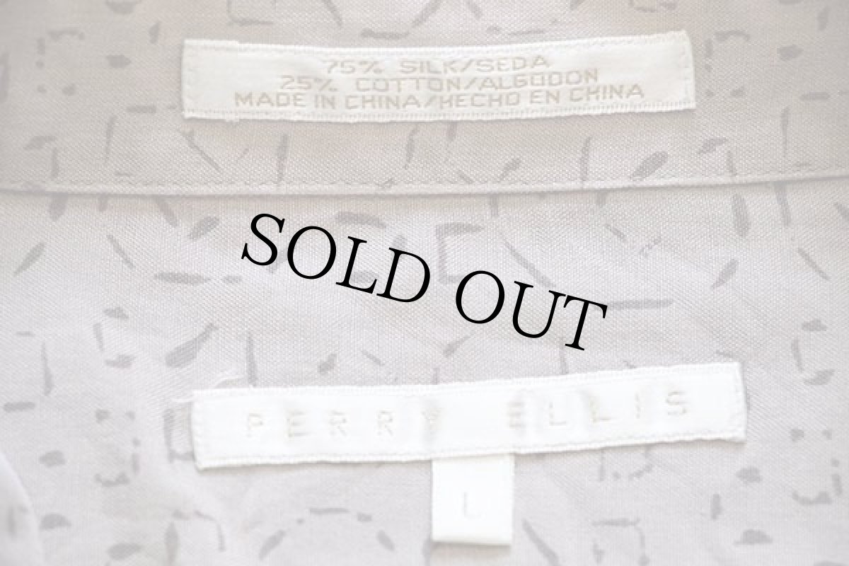 画像4: 90s PERRY ELLIS 総柄 半袖 シルク×コットンシャツ グレーベージュ L (4)