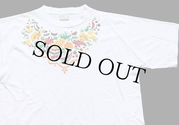 90s グアテマラ製 フルーツ柄 ハンド刺繍 コットンTシャツ 白