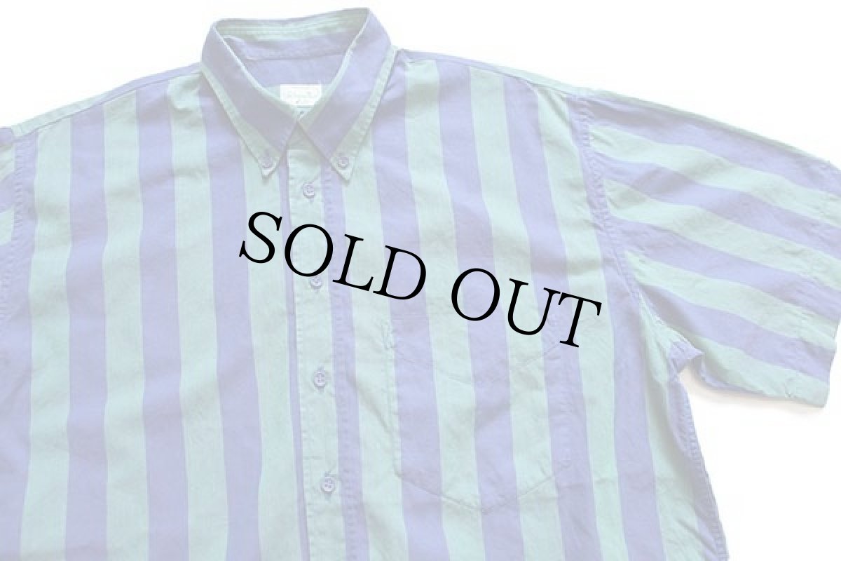 画像3: 80s イタリア製 benettonベネトン ストライプ×織り柄 ボタンダウン 半袖 コットンシャツ 青紫×緑 (3)