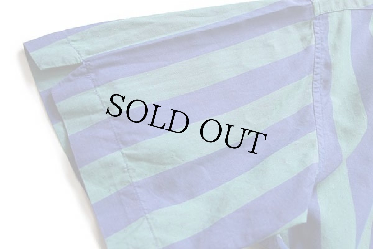 画像6: 80s イタリア製 benettonベネトン ストライプ×織り柄 ボタンダウン 半袖 コットンシャツ 青紫×緑 (6)