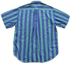 画像2: 80s イタリア製 benettonベネトン ストライプ×織り柄 ボタンダウン 半袖 コットンシャツ 青紫×緑 (2)