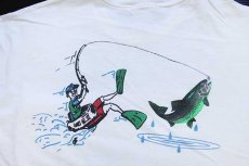 画像4: 90s Hanes フィッシング イラスト 両面プリント コットン ポケットTシャツ 白 XL (4)