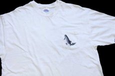 画像1: 90s Hanes フィッシング イラスト 両面プリント コットン ポケットTシャツ 白 XL (1)