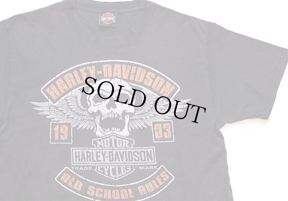 画像1: Hanes HARLEY-DAVIDSON ハーレー ダビッドソン OLD SCHOOL RULES TADDY'S スカル 両面プリント コットンTシャツ 黒 フェード (1)